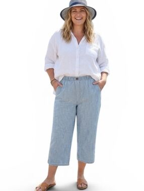 Alia Blue & White Striped 100% Cotton Capri Pants Size 18 Elastic Waist